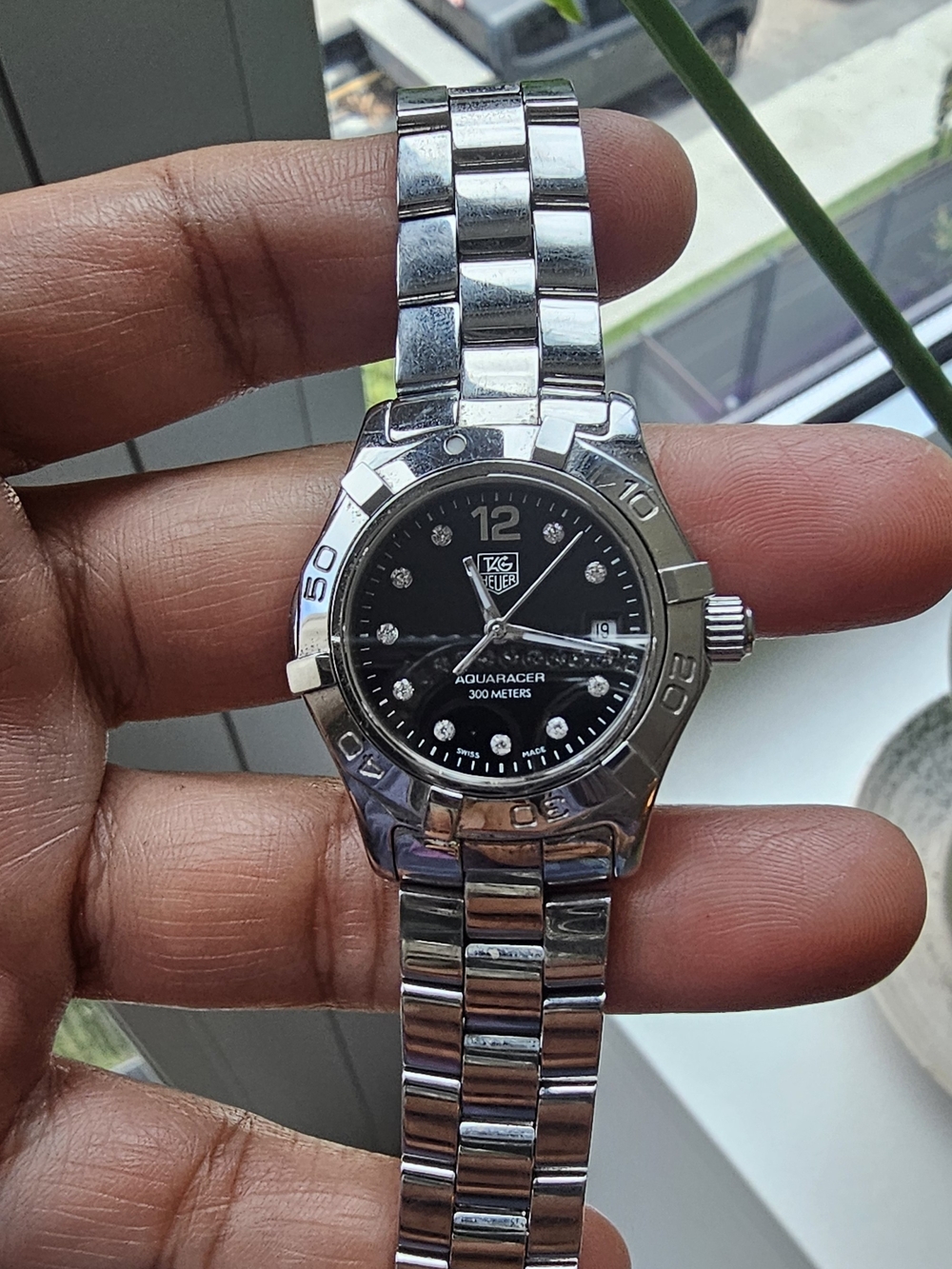 Tag Heuer Stainless Steel Watch Black Dial with Diamond Markers